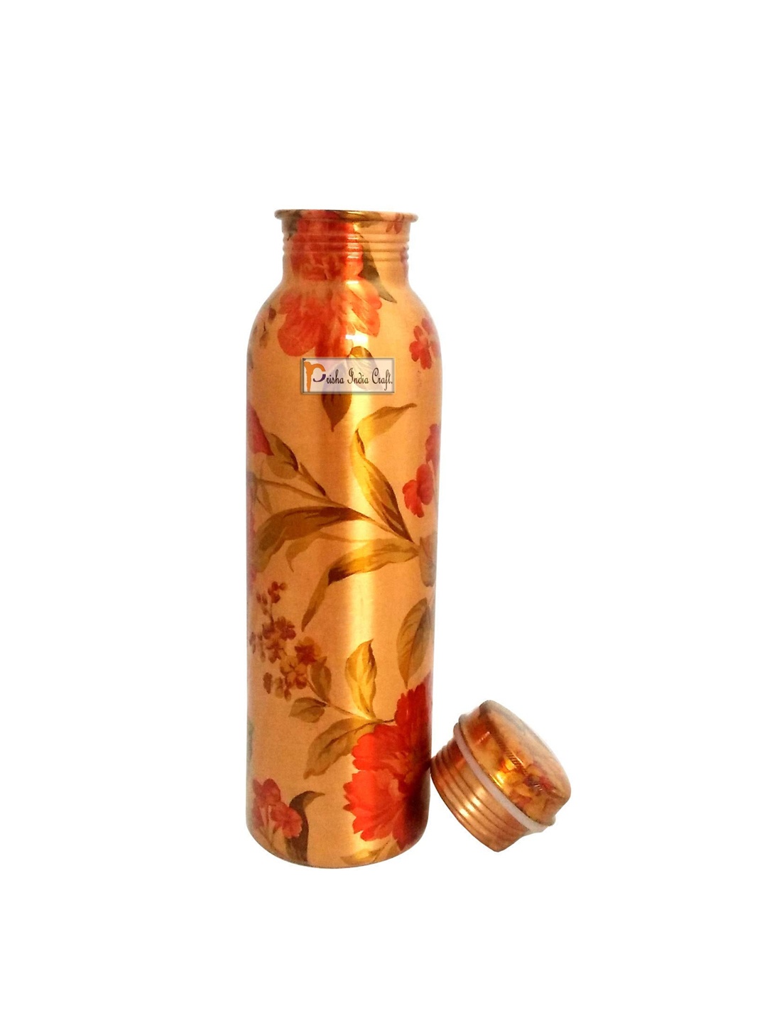 

PRISHA INDIA CRAFT Gold Toned & Red Floral Printed Copper Water Bottle 900 ml