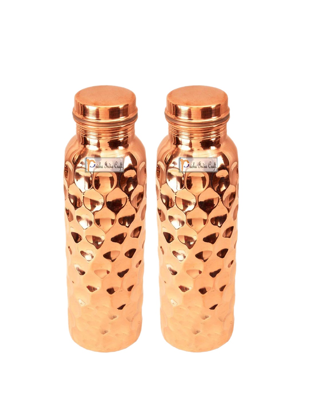 

PRISHA INDIA CRAFT 2-Pieces Diamond Design Copper Water Bottle 900 ml each, Gold