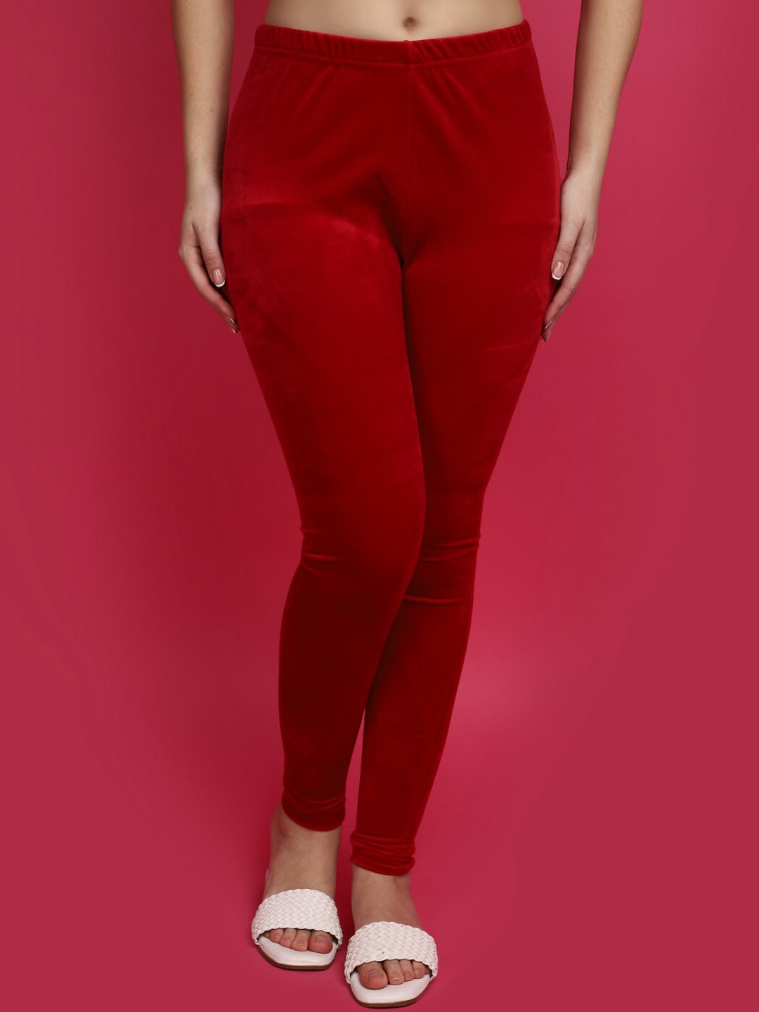

V-Mart Mid-Rise Velvet Churidar Length Leggings, Red