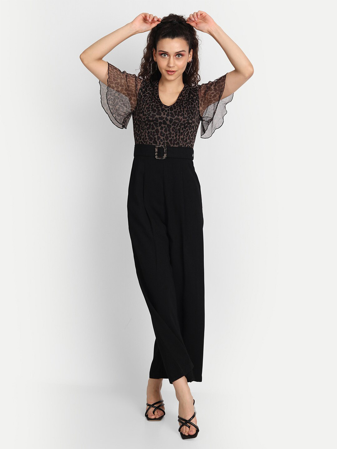 

ESSQUE Animal Printed Waist Belted Basic Jumpsuit, Brown