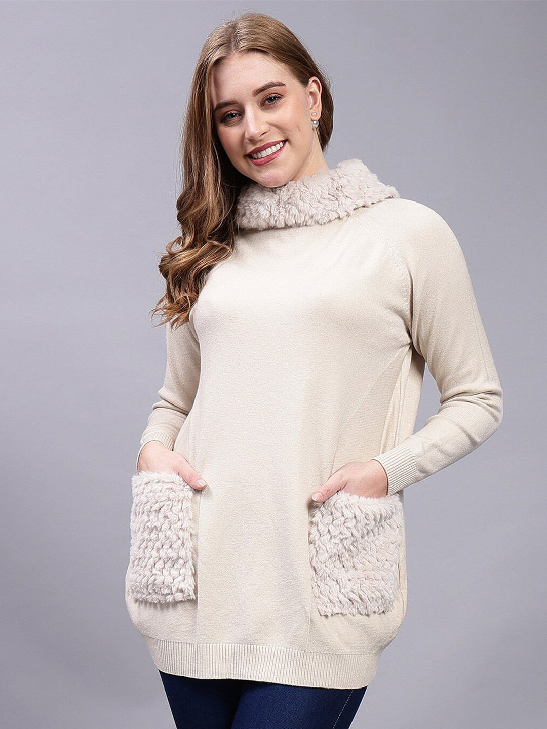 

Steele Turtle Neck Long Sleeve Woollen Longline Pullover Sweater, Cream