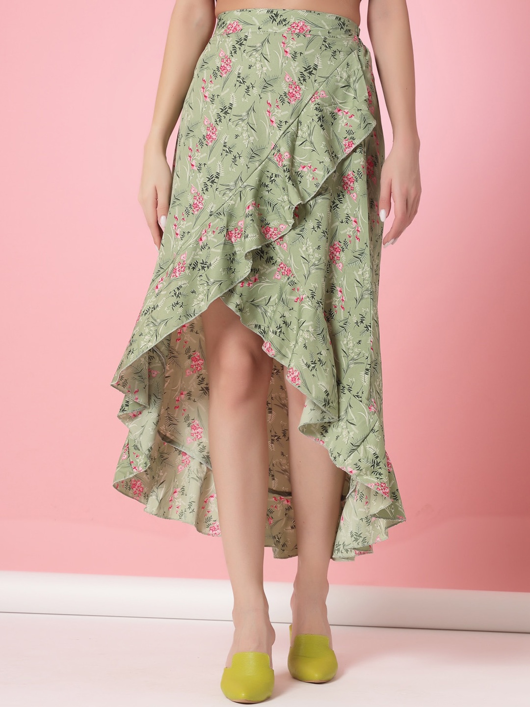 

Oomph! Floral Printed Midi A-Line Skirt, Green