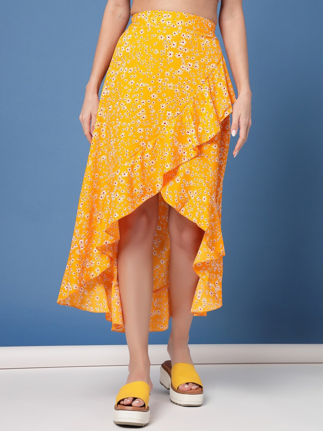 

Oomph! Floral Printed Tulip Wrap Midi Skirt, Yellow