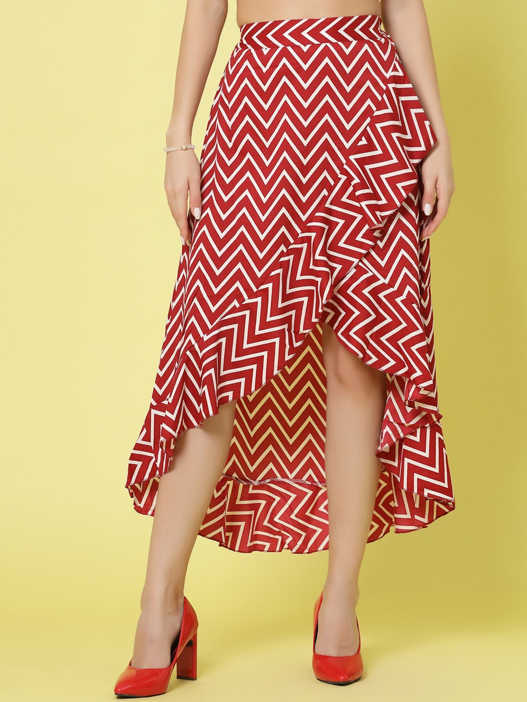 

Oomph! Chevron Printed Wrap Midi Skirt, Red