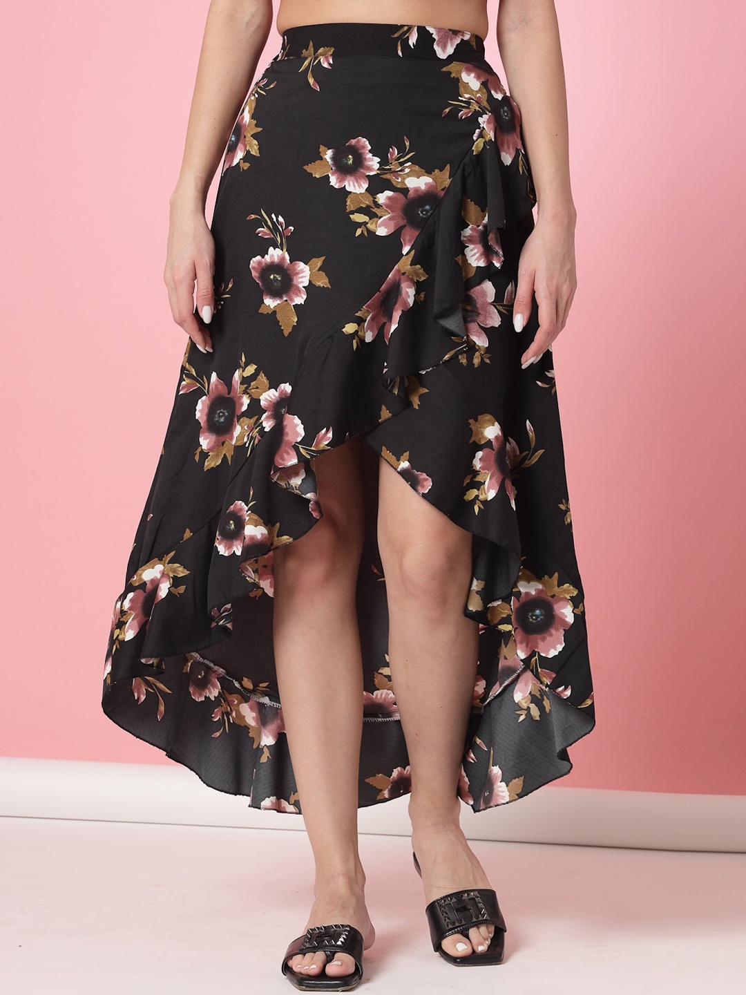 

Oomph! Floral Printed Wrap High Low Maxi Skirts, Black