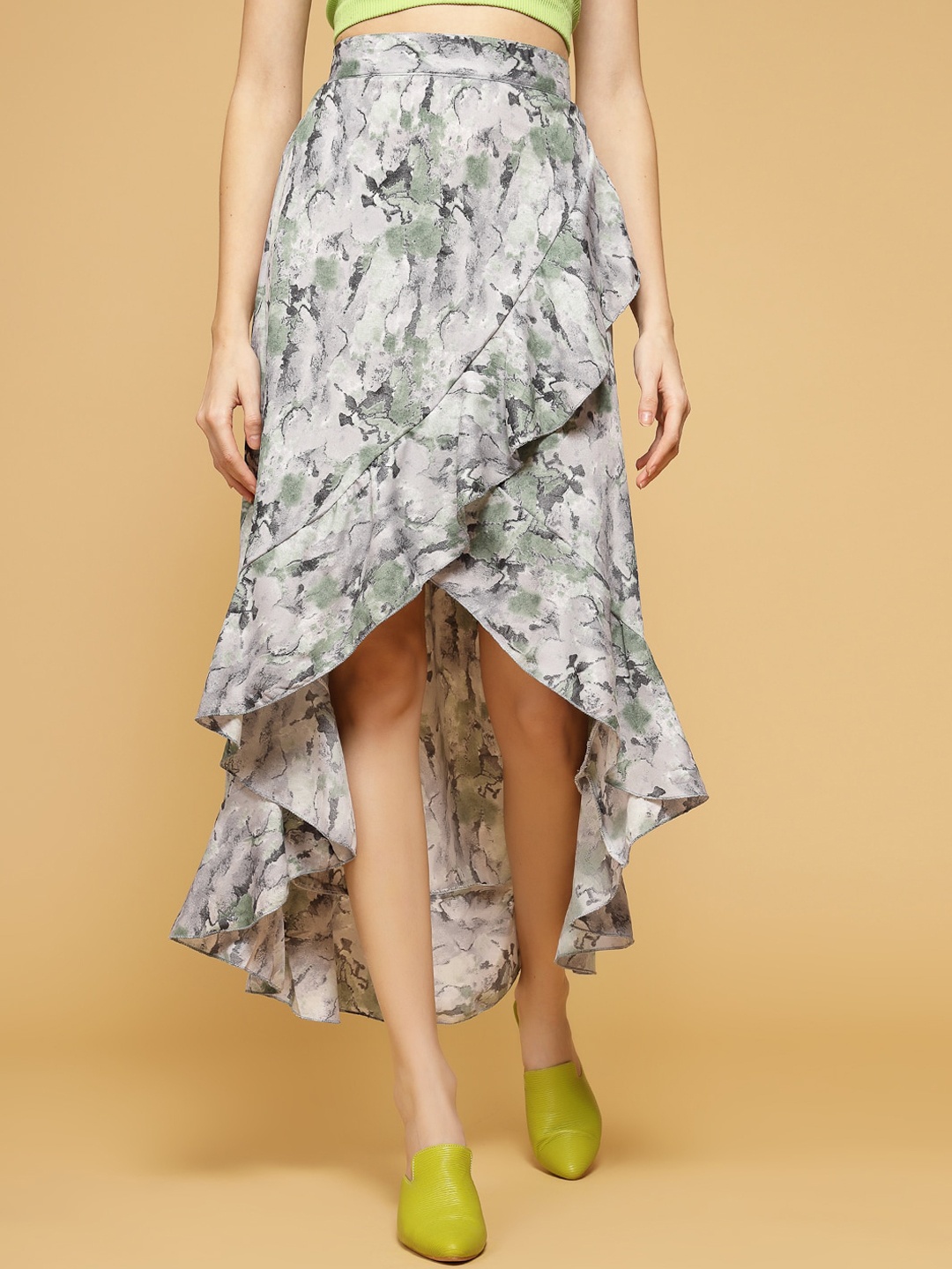 

Oomph! Women Abstract Printed Wrap High Low Maxi Skirt, Green