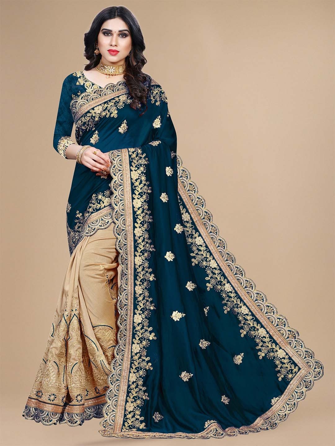 

KALINI Ethnic Motifs Embroidered Saree, Navy blue