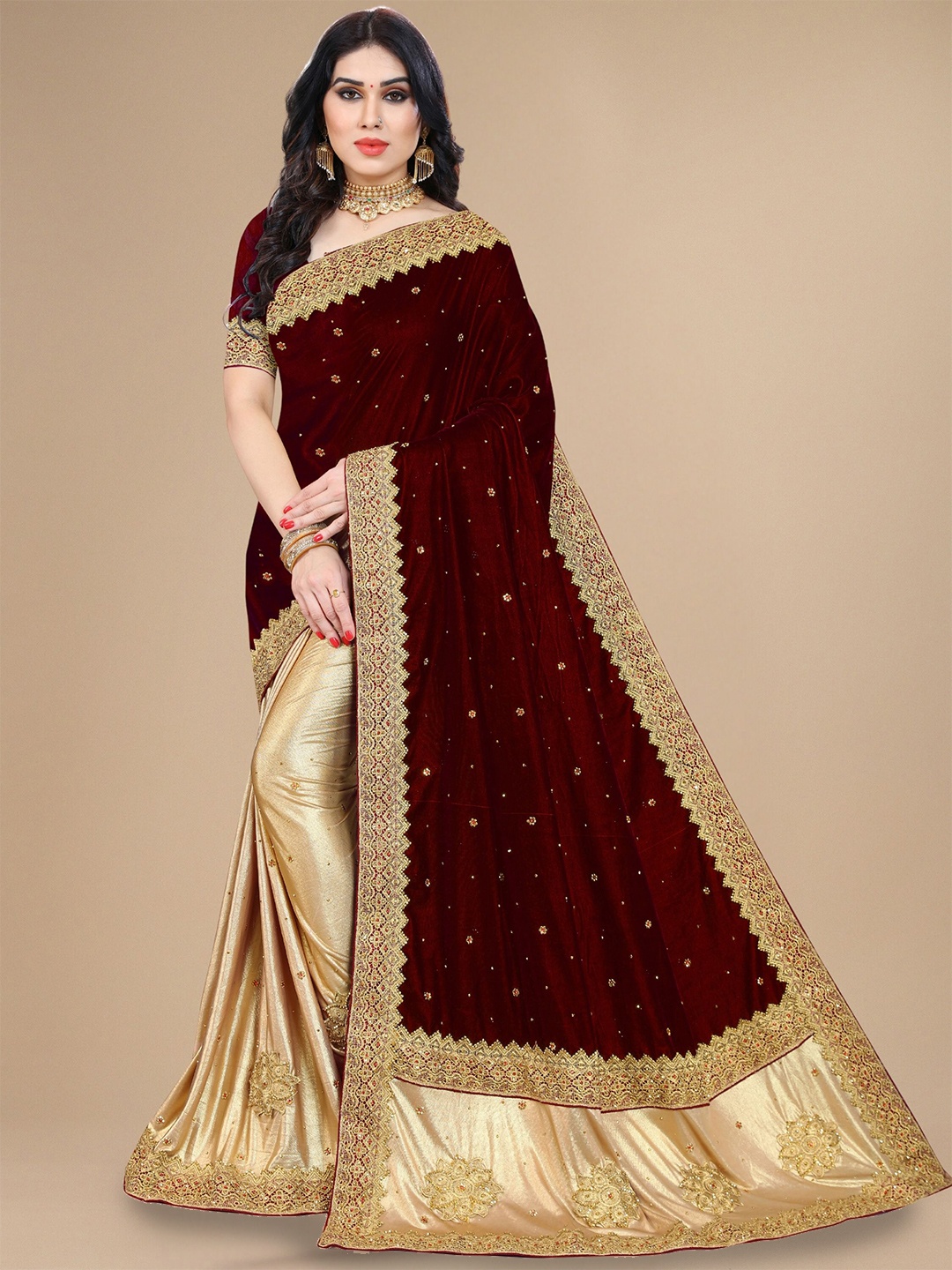 

KALINI Floral Embroidered Velvet Saree, Maroon