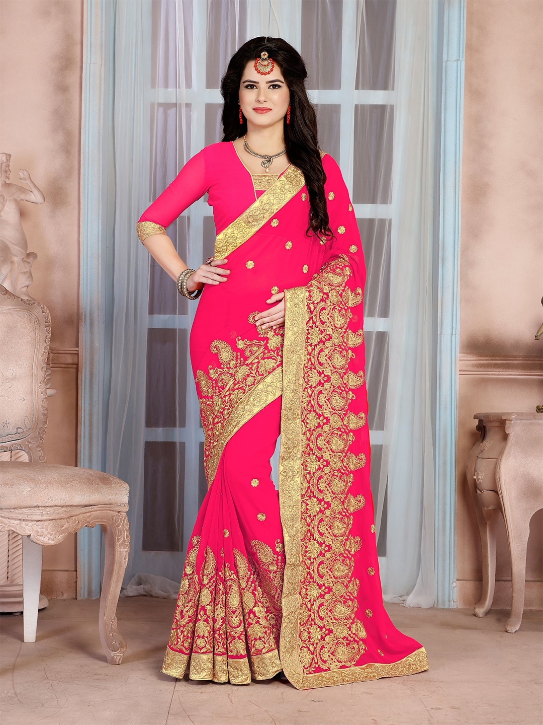 

KALINI Ethnic Motifs Embroidered Pure Georgette Saree, Pink