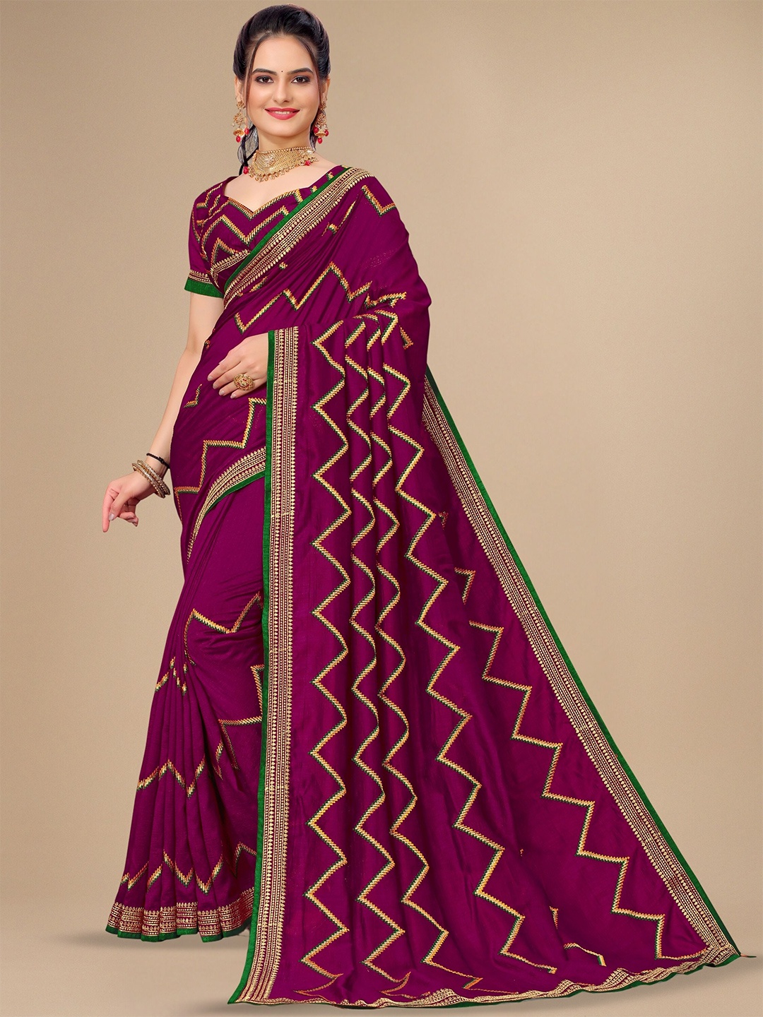 

KALINI Chevron Embroidered Saree, Purple