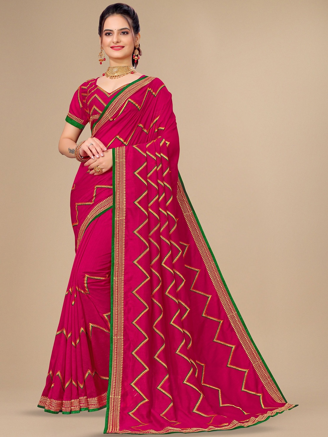 

KALINI Chevron Embroidered Saree, Pink