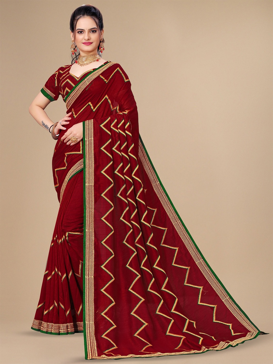 

KALINI Chevron Embroidered Saree, Maroon