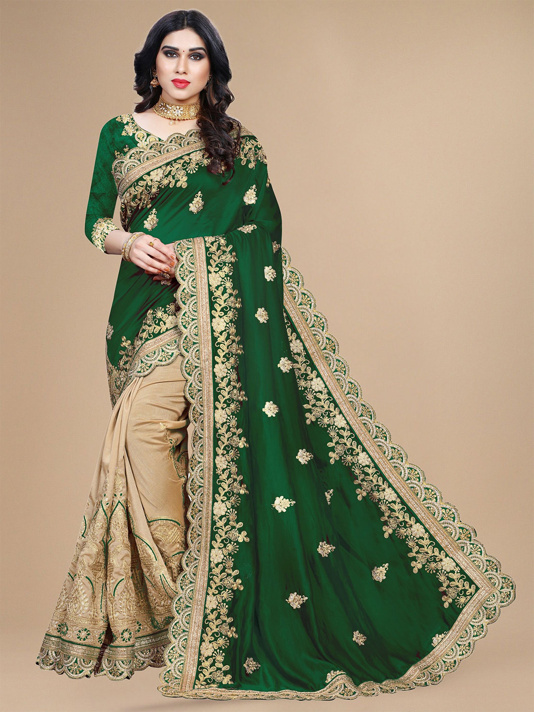 

KALINI Ethnic Motifs Embroidered Vichitra Silk Saree, Green