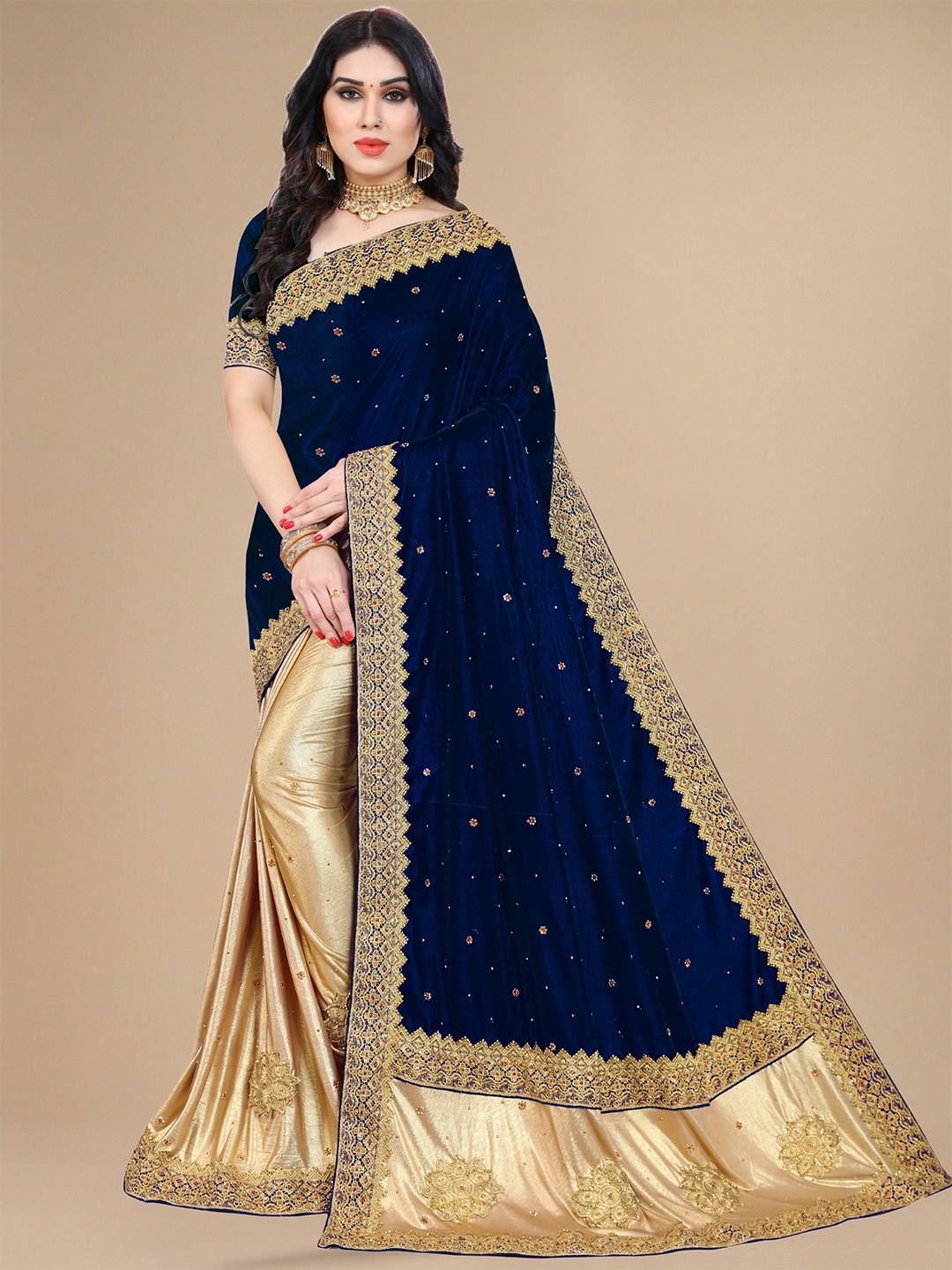 

KALINI Floral Embroidered Velvet Saree, Blue