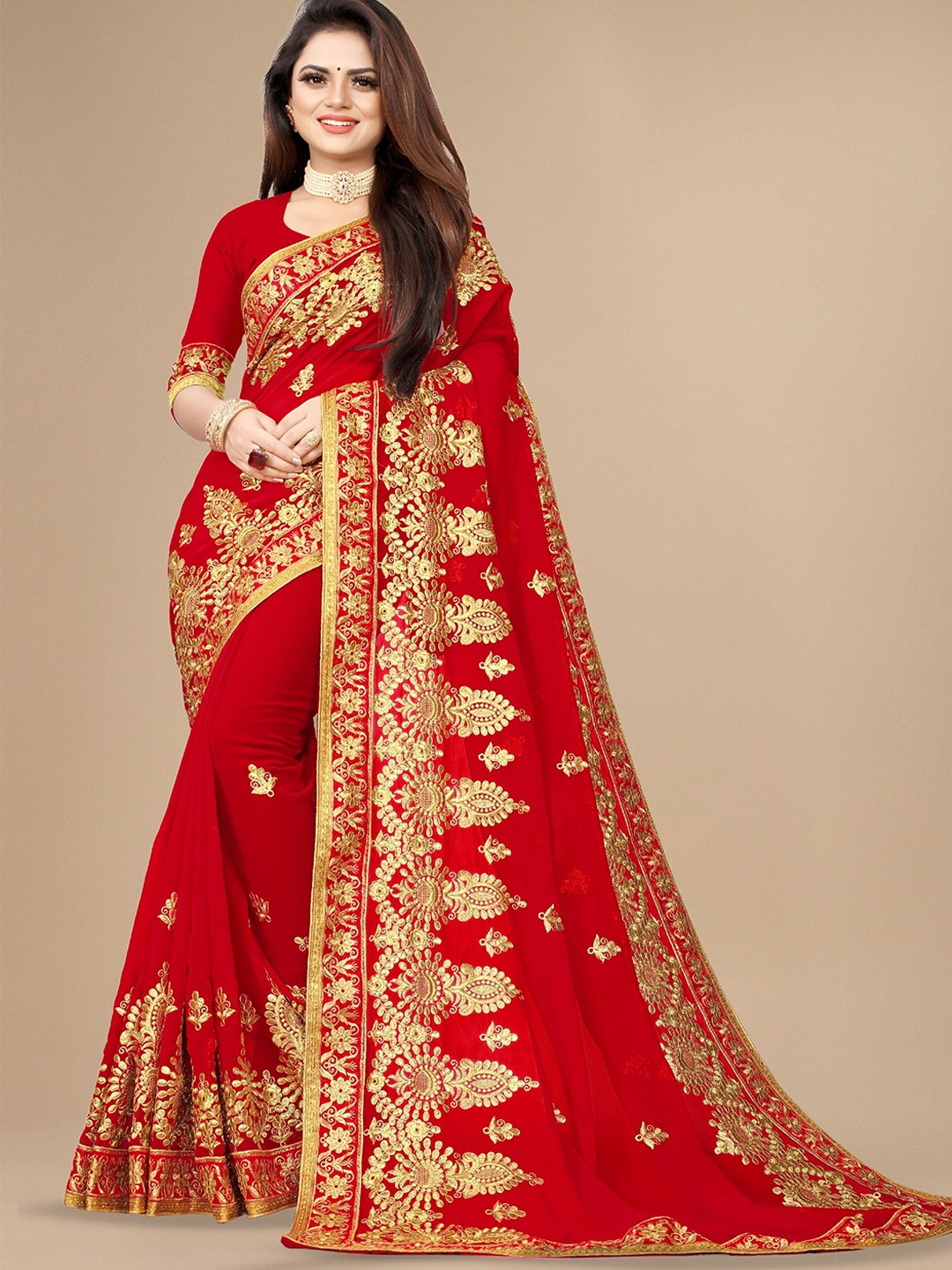 

KALINI Ethnic Motifs Embroidered Pure Georgette Saree, Red