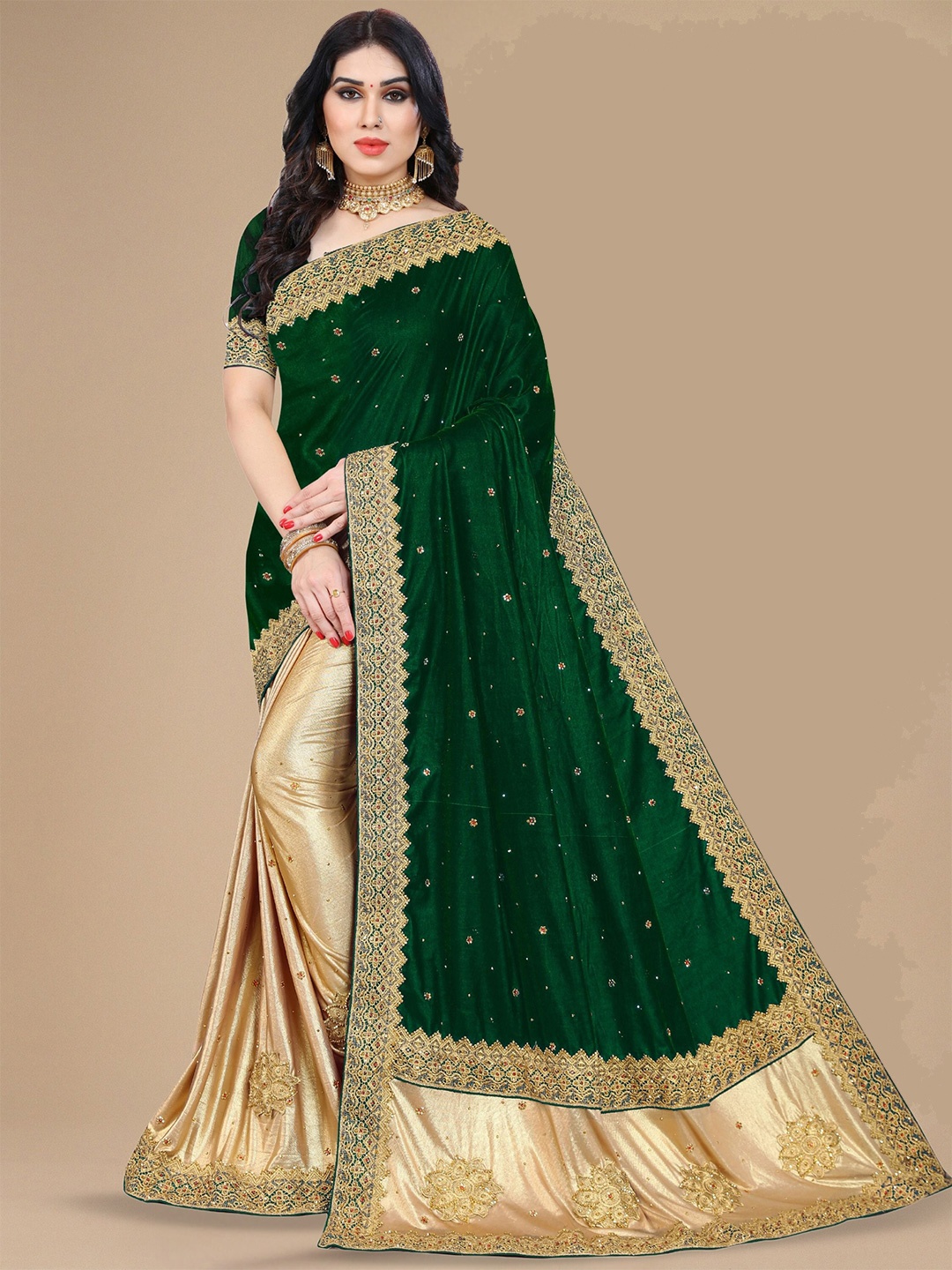 

KALINI Floral Embroidered Velvet Saree, Green