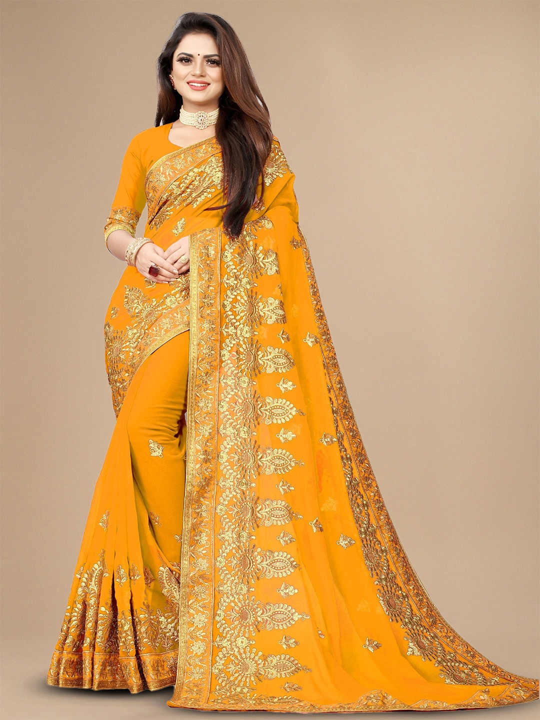 

KALINI Ethnic Motifs Embroidered Pure Georgette Saree, Yellow