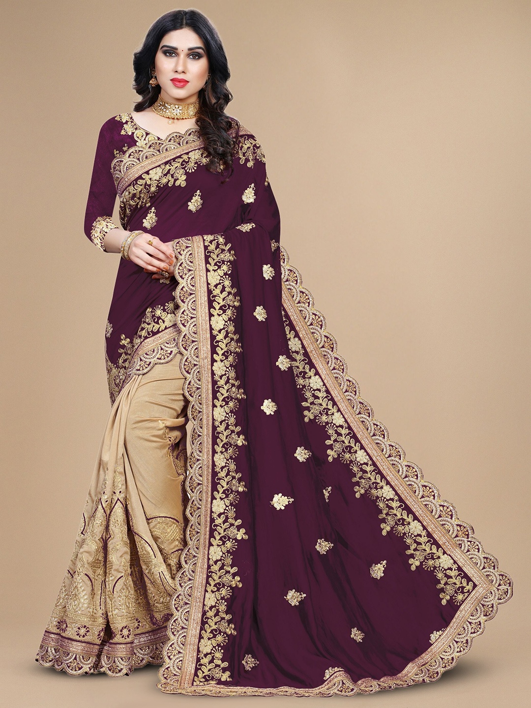 

KALINI Ethnic Motifs Embroidered Vichitra Silk Saree, Purple