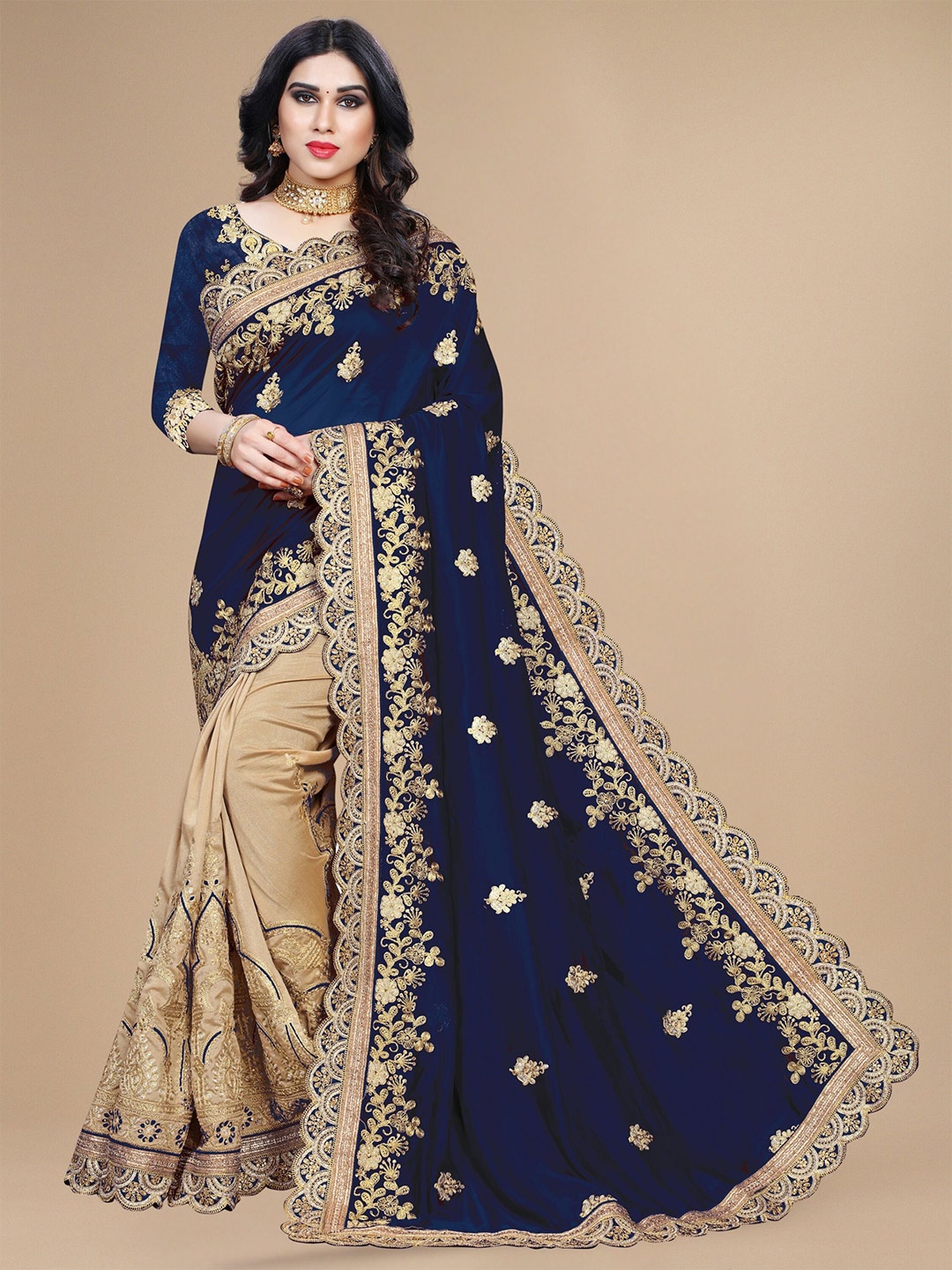 

KALINI Ethnic Motifs Embroidered Saree, Navy blue