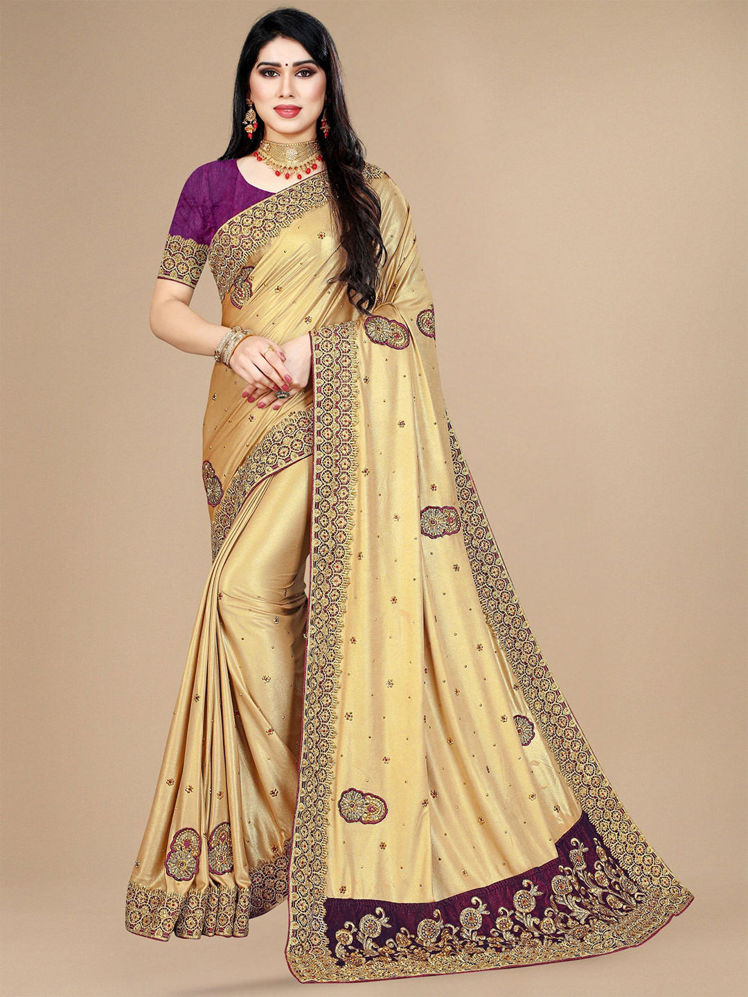 

KALINI Ethnic Motfs Embroidered Saree, Purple