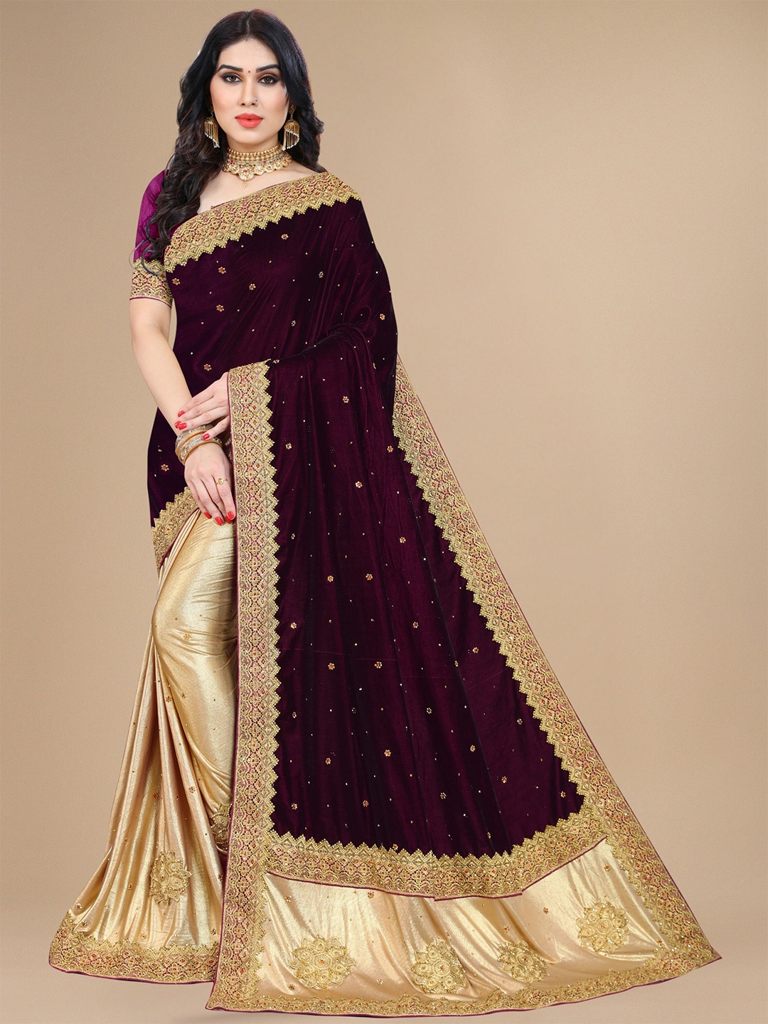 

KALINI Floral Embroidered Velvet Saree, Purple