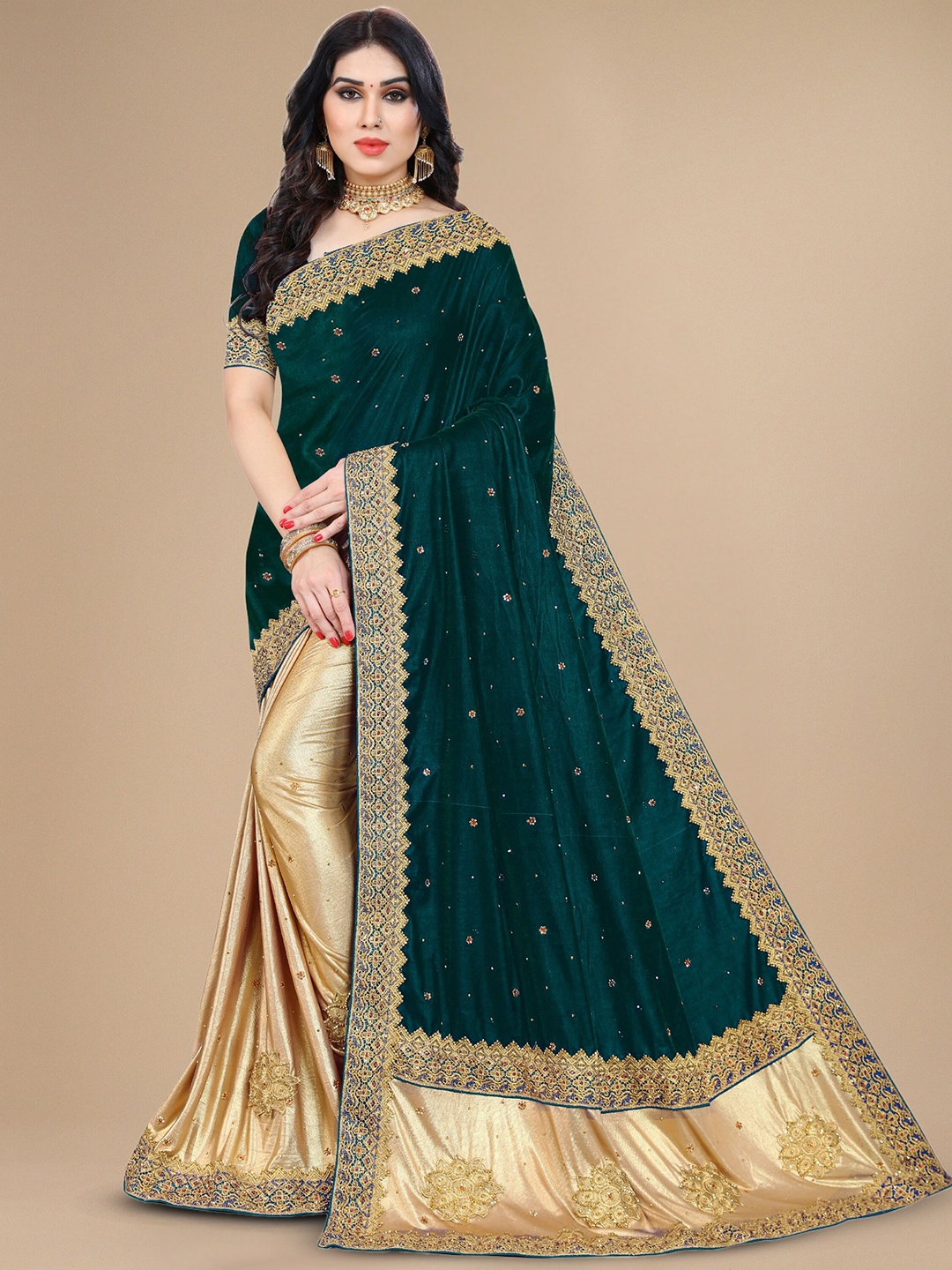 

KALINI Floral Embroidered Velvet Saree, Green