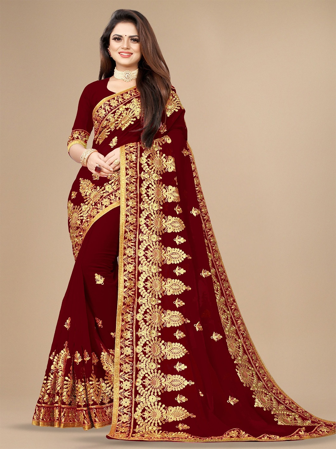 

KALINI Floral Embroidered Pure Georgette Saree, Maroon