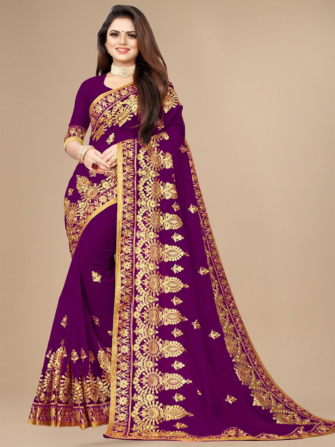 

KALINI Ethnic Motifs Embroidered Pure Georgette Saree, Purple