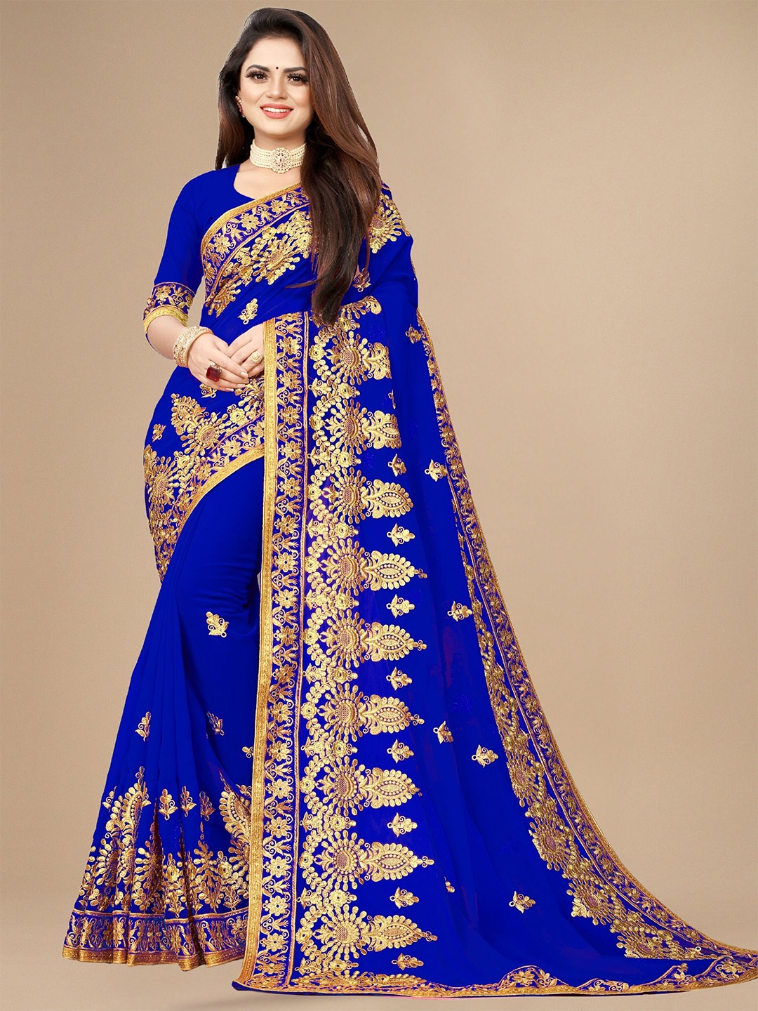 

KALINI Ethnic Motifs Embroidered Pure Georgette Saree, Blue