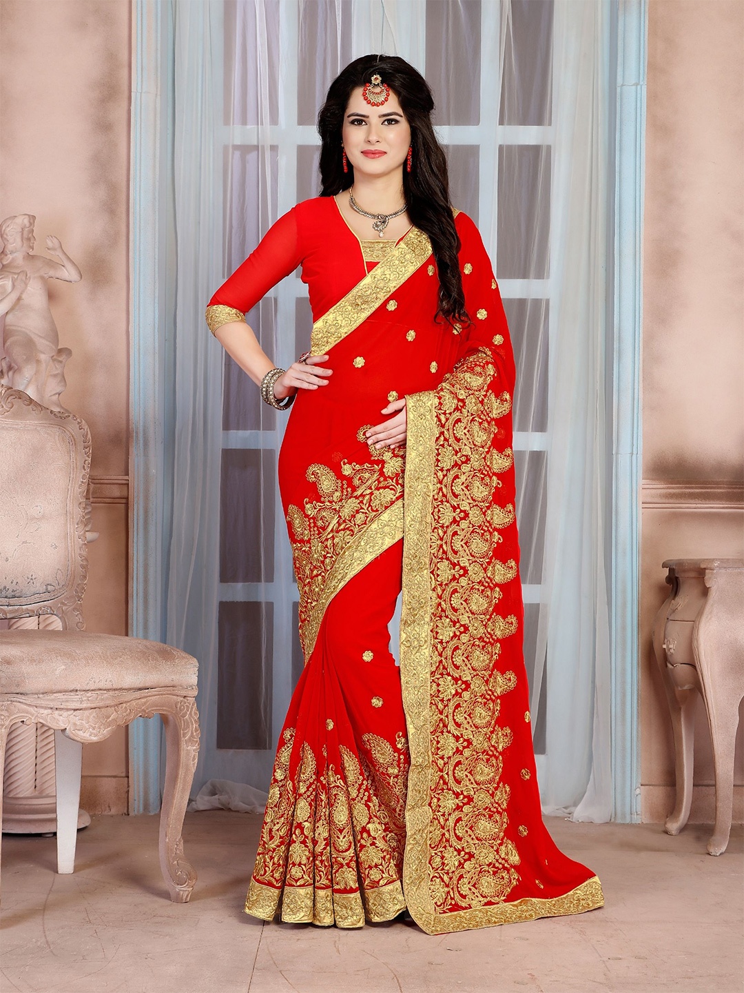 

KALINI Ethnic Motifs Embroidered Pure Georgette Saree, Red