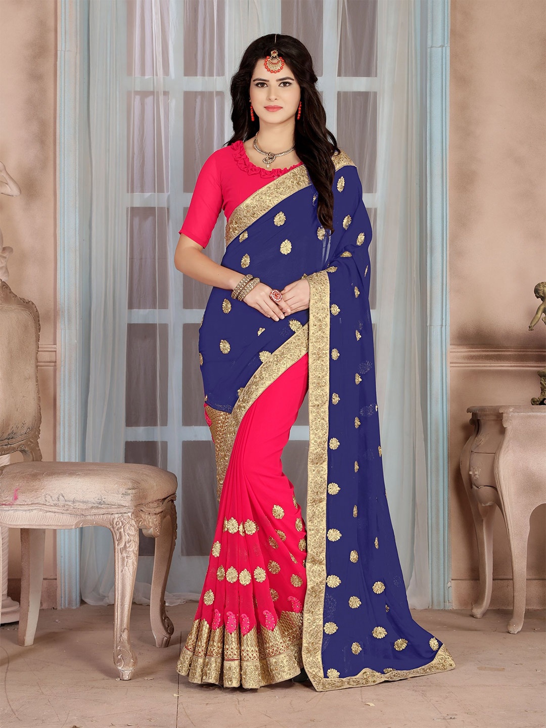 

KALINI Ethnic Motifs Embroidered Pure Georgette Saree, Blue