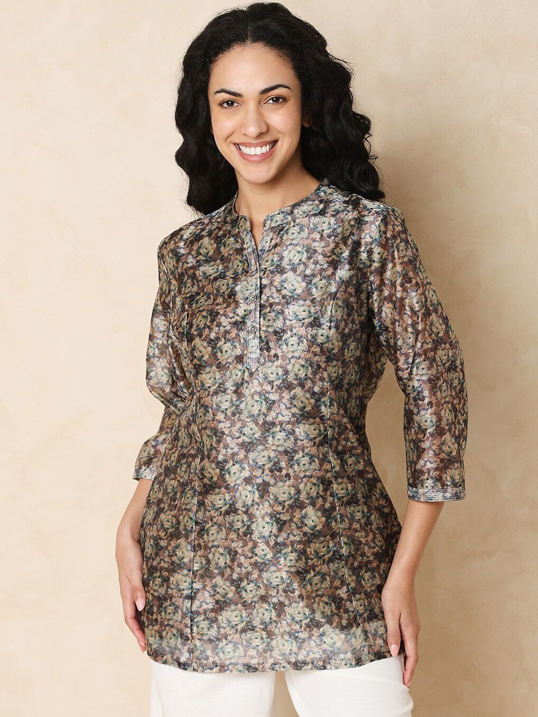 

Indifusion Floral Printed Mandarin Collar Cotton Silk A-Line Kurti, Brown