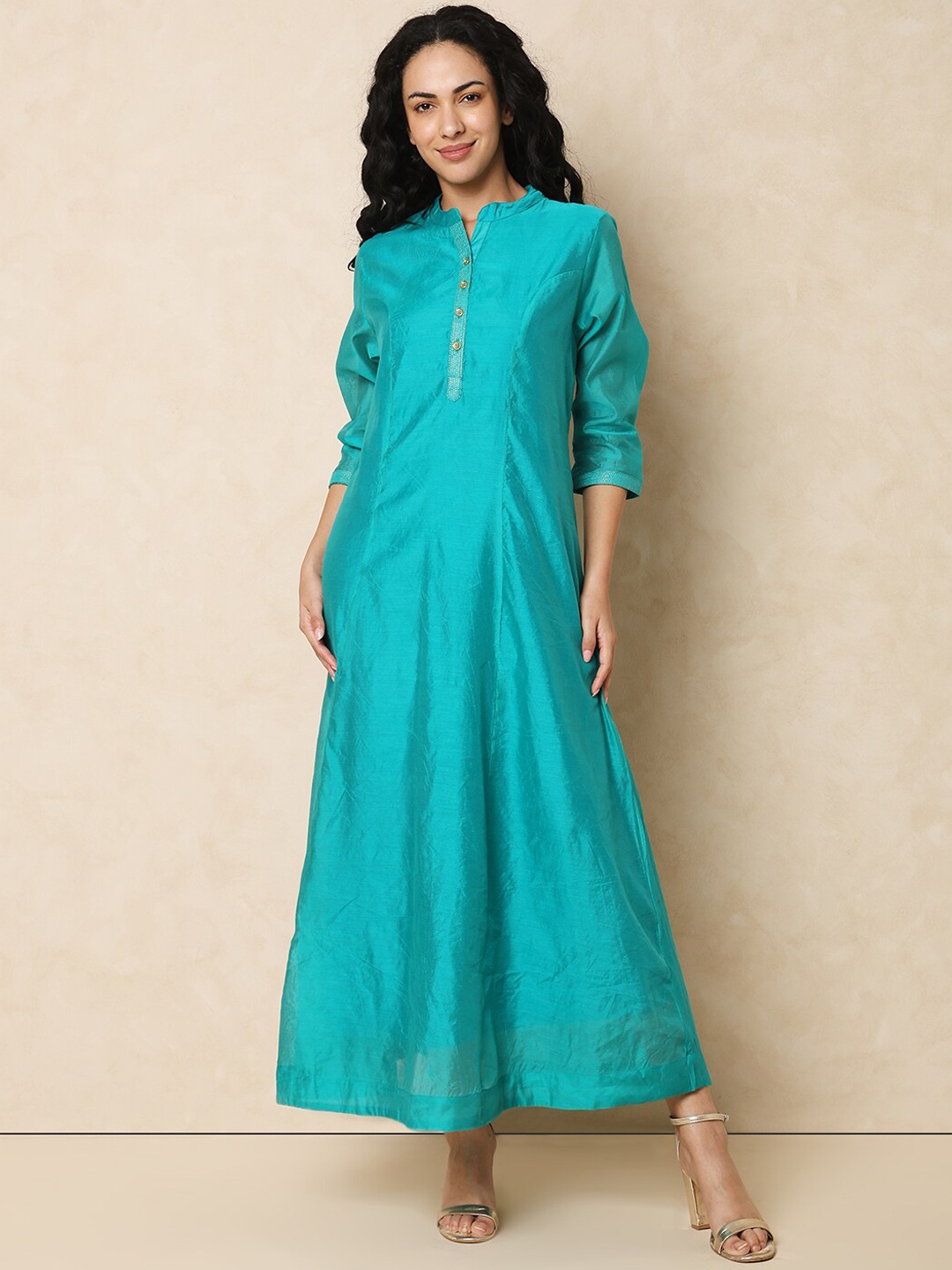 

Indifusion Mandarin Collar Chanderi Silk A-Line Maxi Dress, Blue