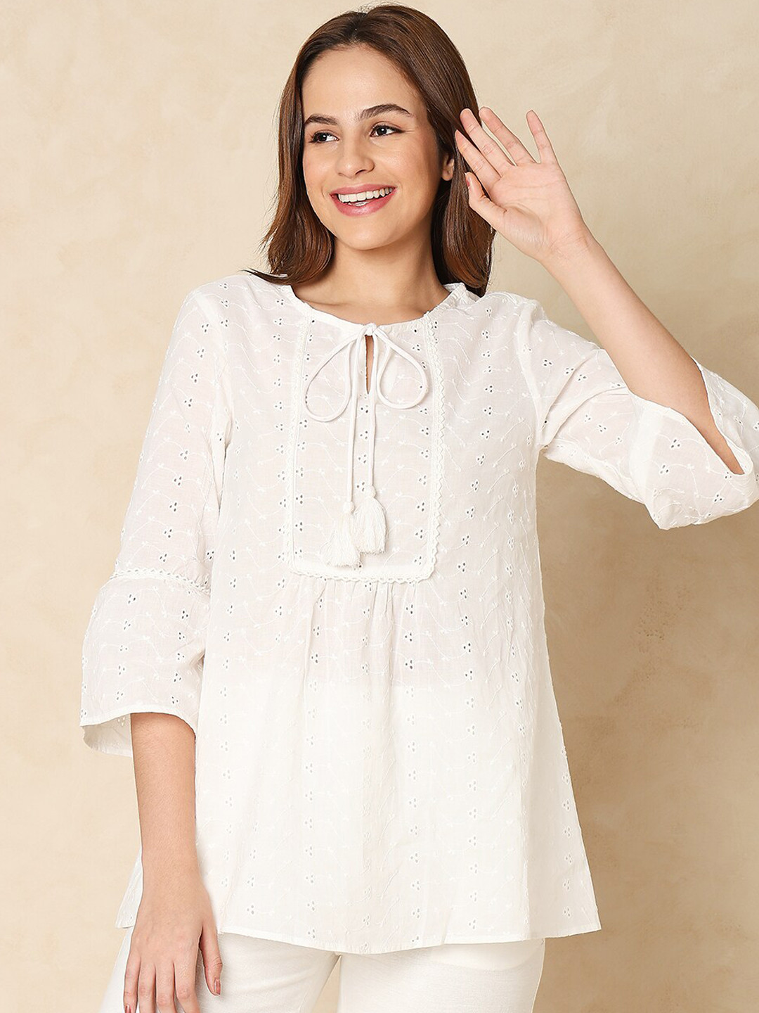 

Indifusion Floral Embroidered Cotton Tunic, White