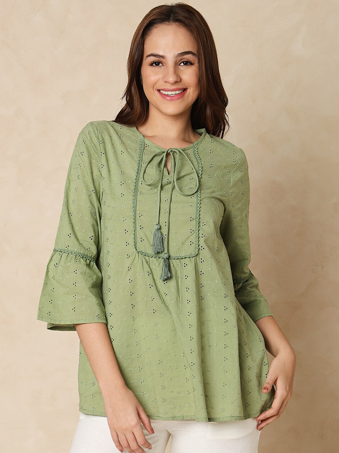 

Indifusion Tie Up Neck Bell Sleeves Schiffli Tunic, Green