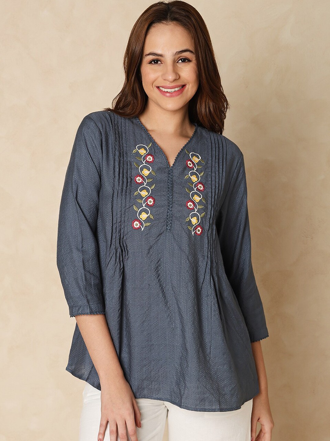 

Indifusion Floral Embroidered A-Line Kurti, Blue