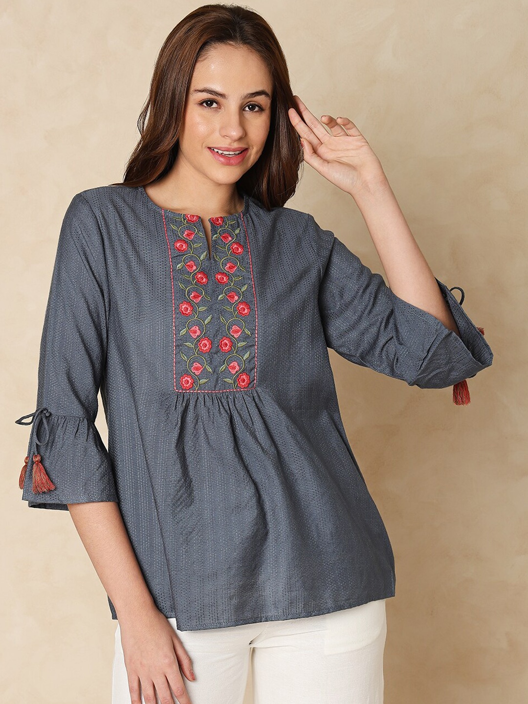 

Indifusion Floral Embroidered A-line Kurti, Blue