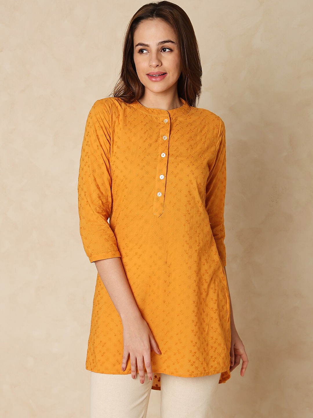 

Indifusion Floral Embroidered Mandarin Collar Cotton Silk A-Line Kurti, Yellow