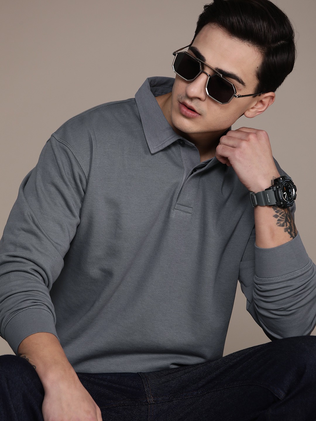 

Roadster Men Polo Collar T-shirt, Charcoal