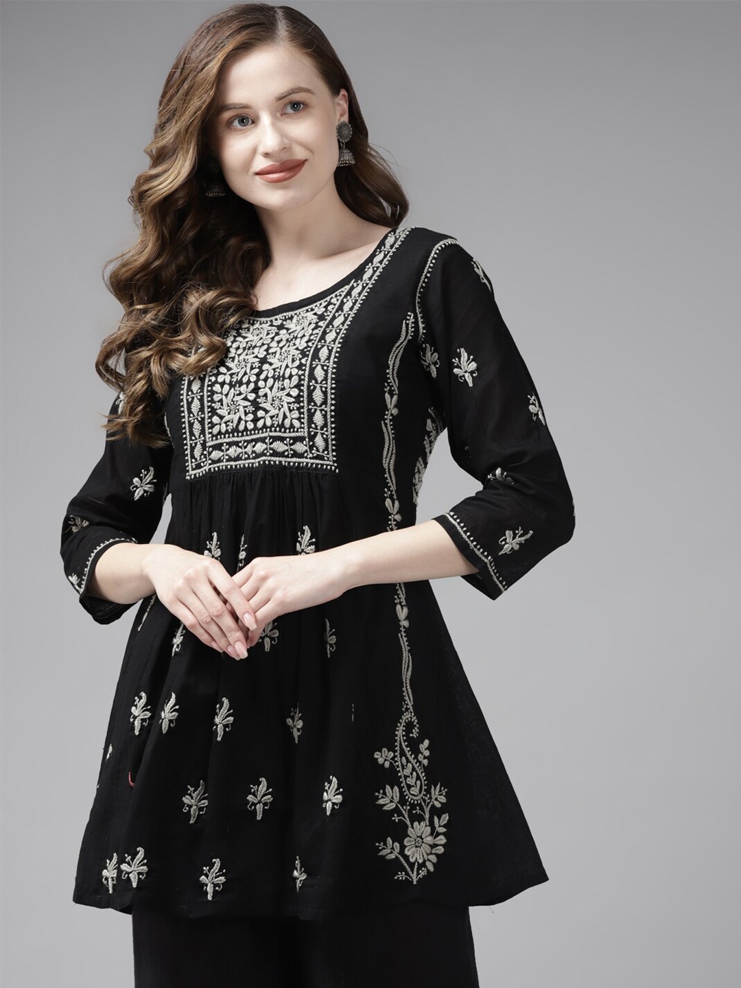 

ADA Ethnic Motifs Embroidered Chikankari Detail Pure Cotton Kurti, Black