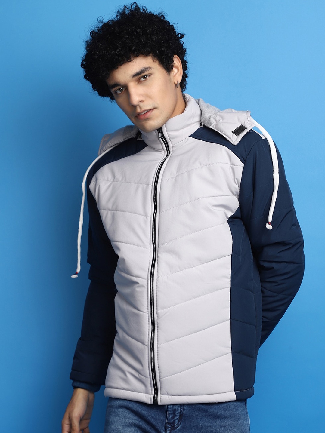 

V-Mart Mock Collar Lightweight Colourblocked Cotton Quilted Jacket, Blue