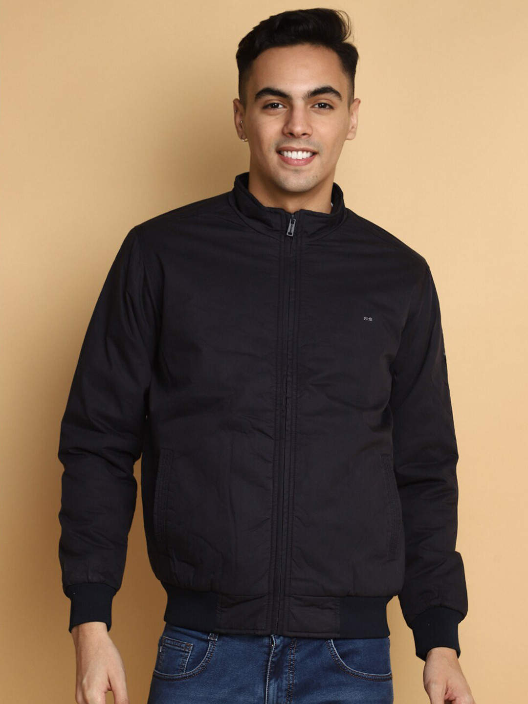 

V-Mart Stand Collar Lightweight Cotton Bomber Jacket, Blue