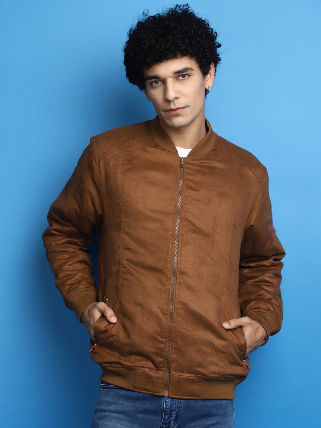 

V-Mart Stand Collar Lightweight Cotton Bomber Jacket, Brown