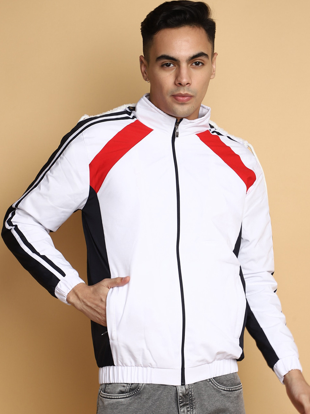 

V-Mart Colourblocked Hooded Lightweight Cotton Bomber Jacket, Blue