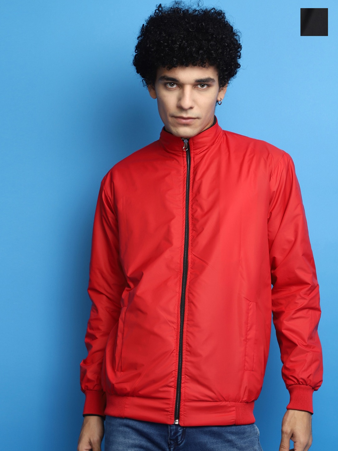 

V-Mart Reversible Lightweight Mock Collar Cotton Bomber Jacket, Black