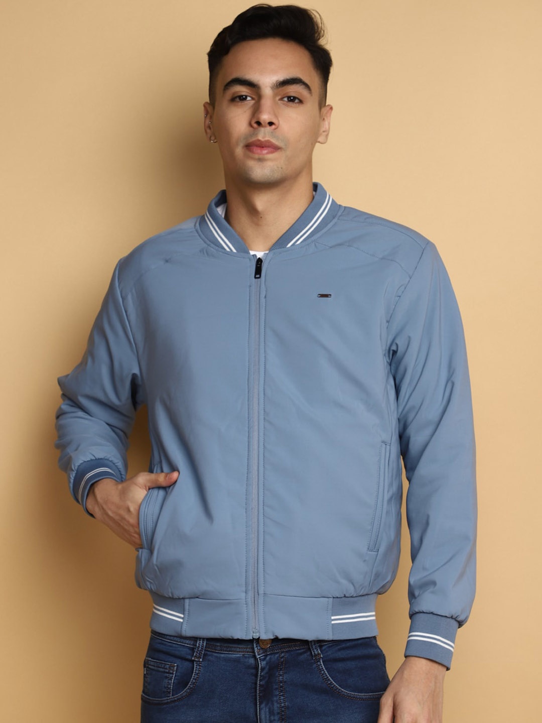 

V-Mart Lightweight Stand Collar Bomber Jacket, Blue