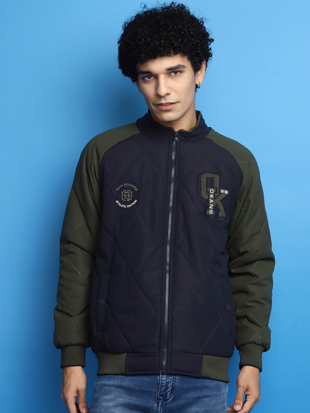 

V-Mart Lightweight Stand Collar Bomber Jacket, Blue