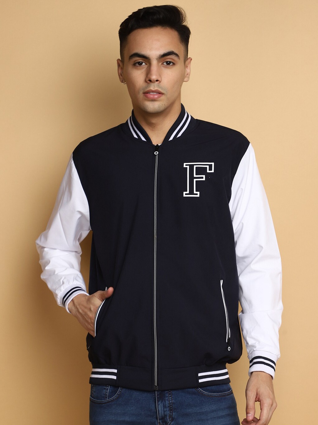 

V-Mart Colourblocked Lightweight Cotton Varsity Jacket, Blue