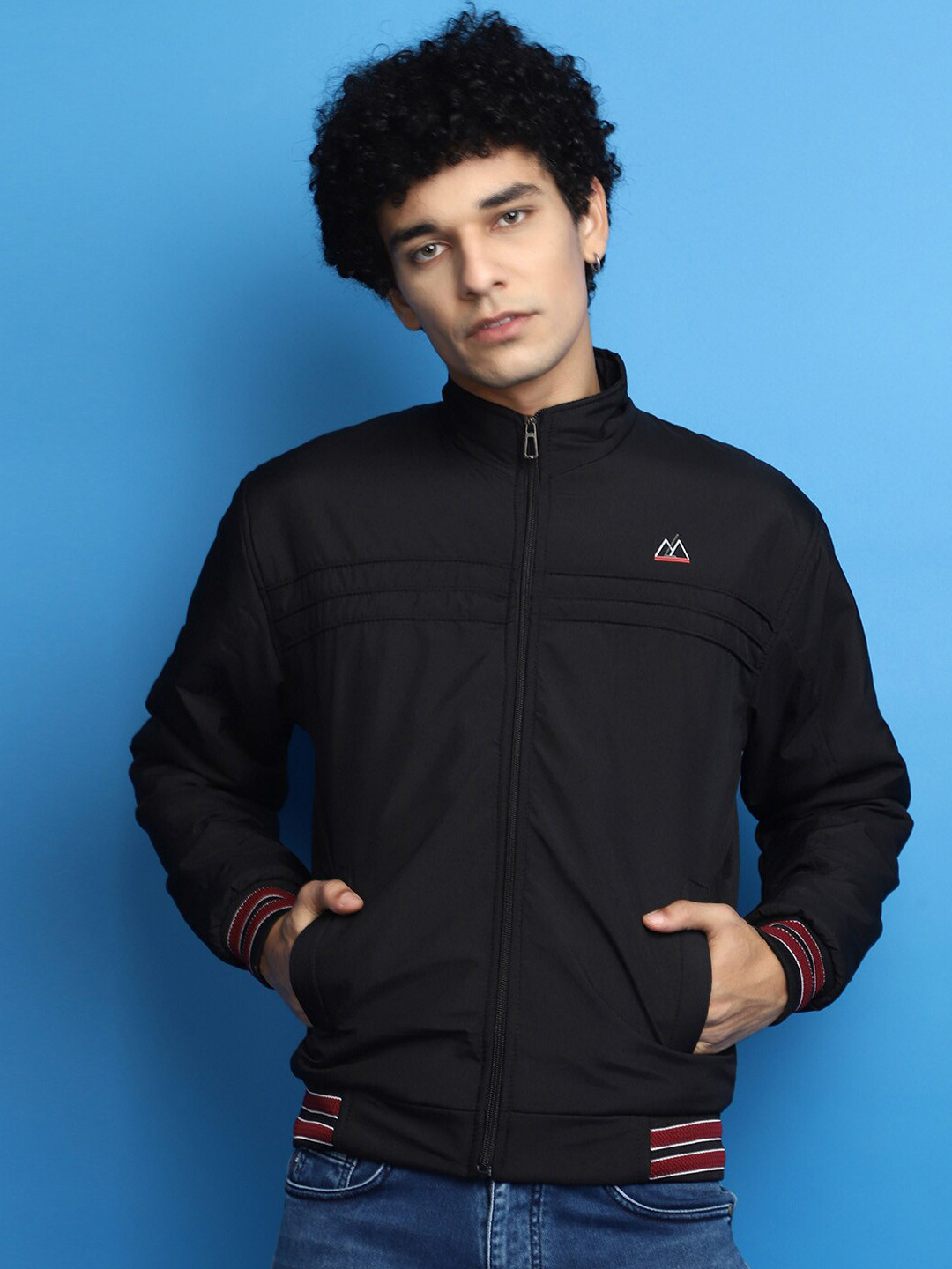 

V-Mart Mock Collar Cotton Lightweight Bomber Jacket, Black