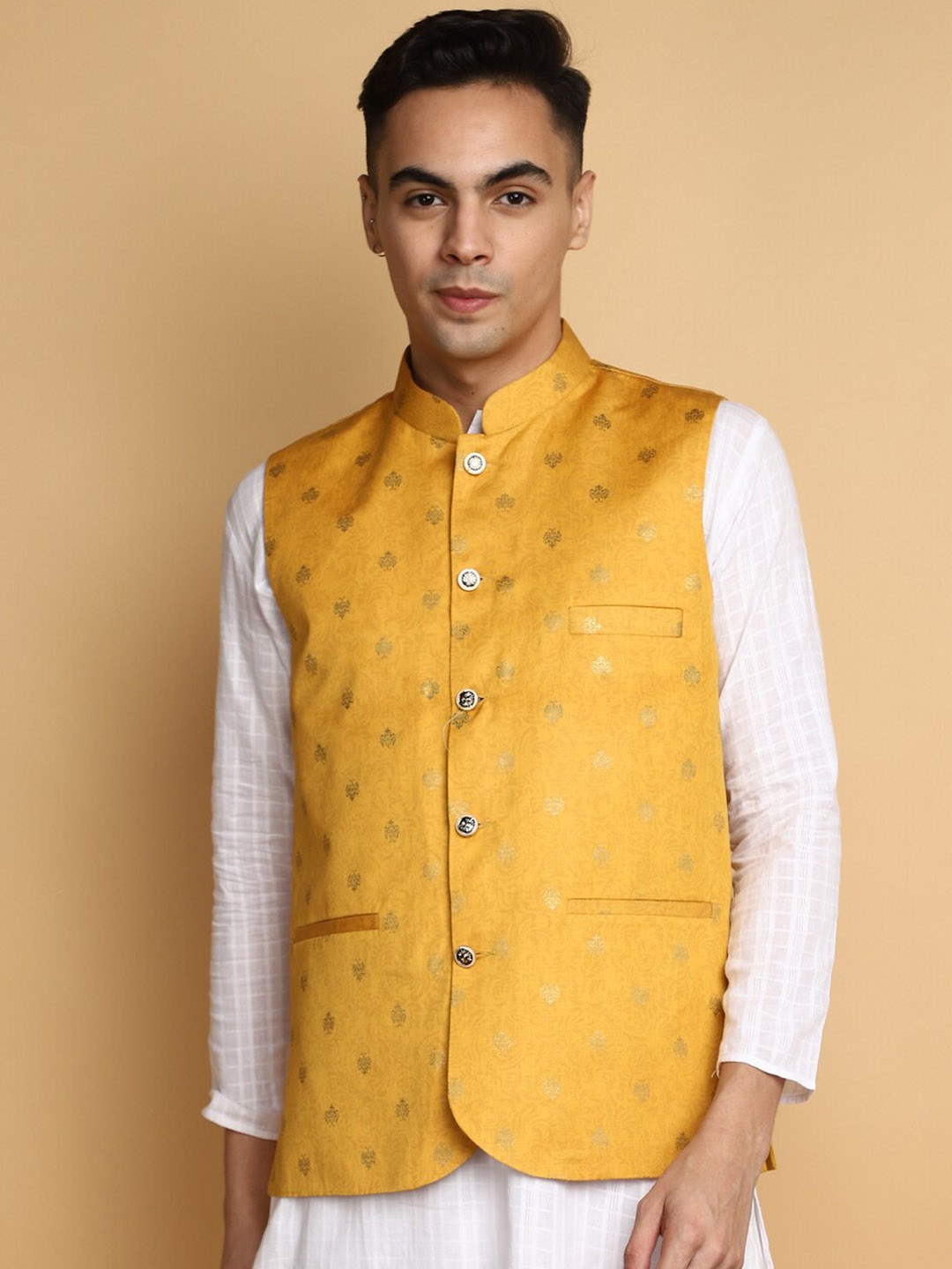 

V-Mart Printed Mandarin Collar Nehru Jacket, Mustard